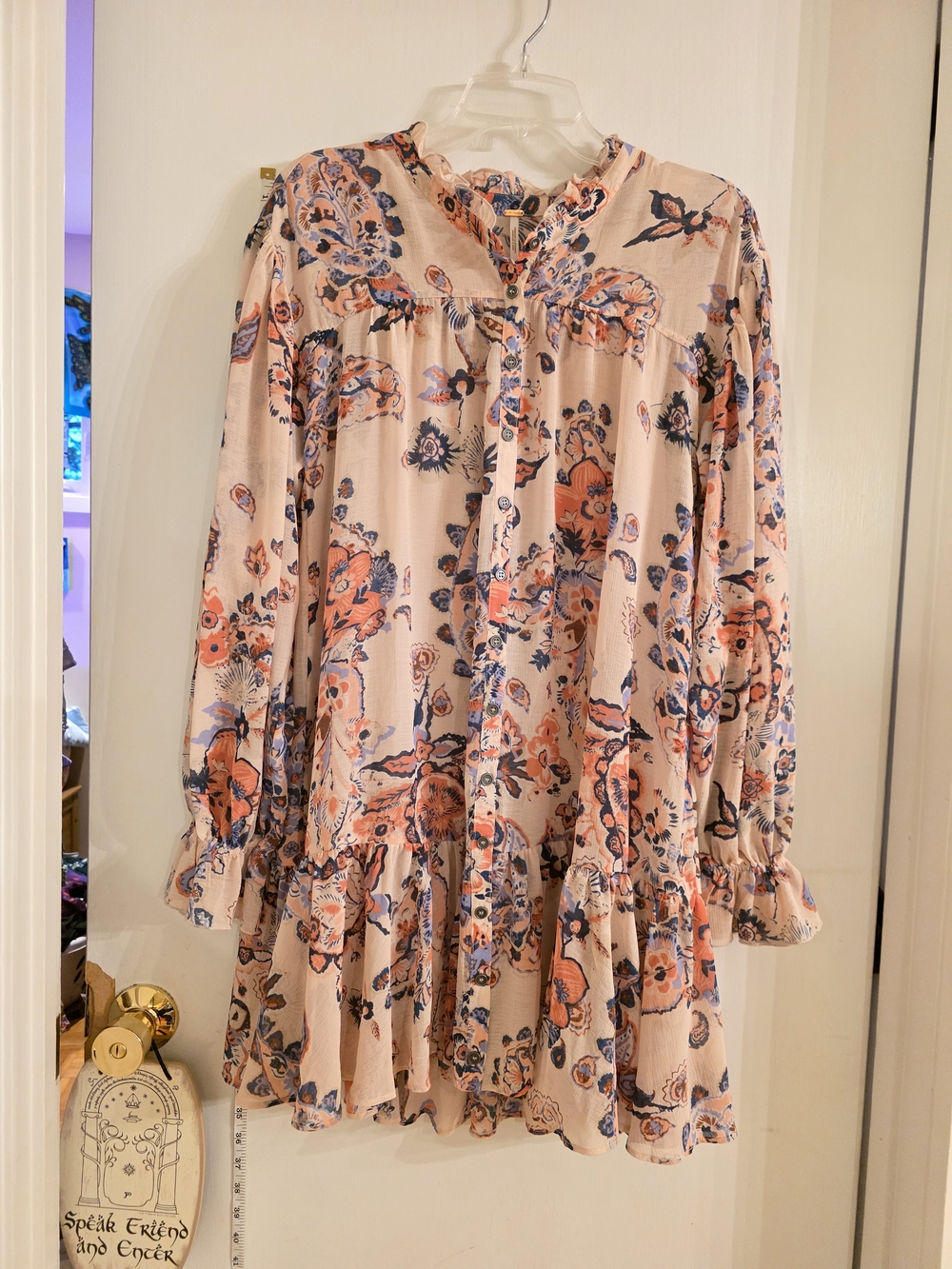 Free People Floral Mini Dress in Cream with Coral and Navy Print